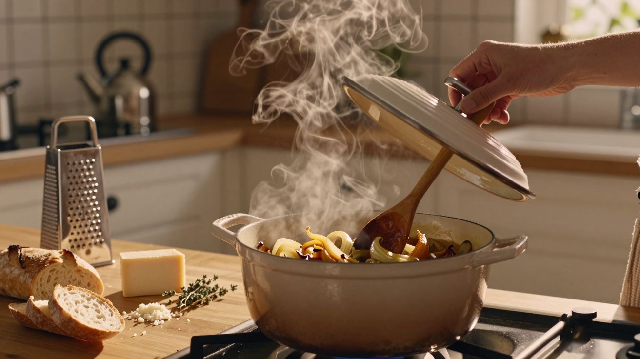 Oală aburindă cu paste la aragaz, mâna ridicând capacul, pâine și brânză pe blat lângă razătoare.