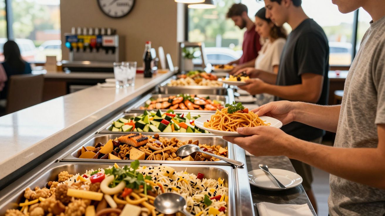 Oameni alegând mâncare la un bufet cu o varietate de feluri calde și reci, inclusiv paste și legume.
