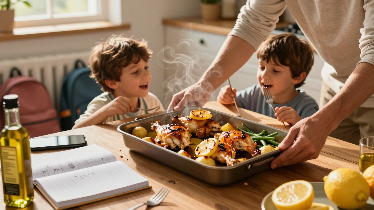 Bucătar aduce o tavă cu pui fript, lămâi și legume, doi copii așteaptă bucuroși la masă.