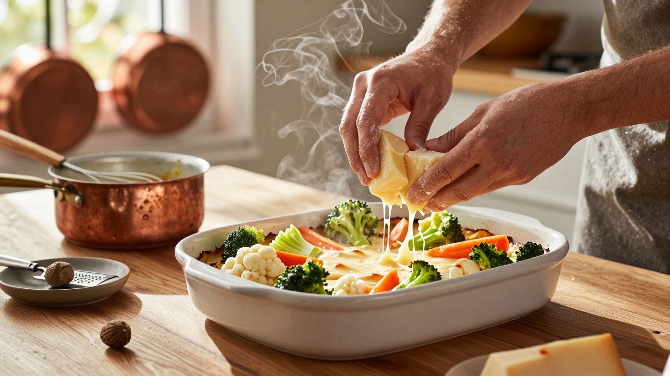 Mână adăugând brânză rasă peste legume aburinde într-o tavă de copt pe o masă de lemn.