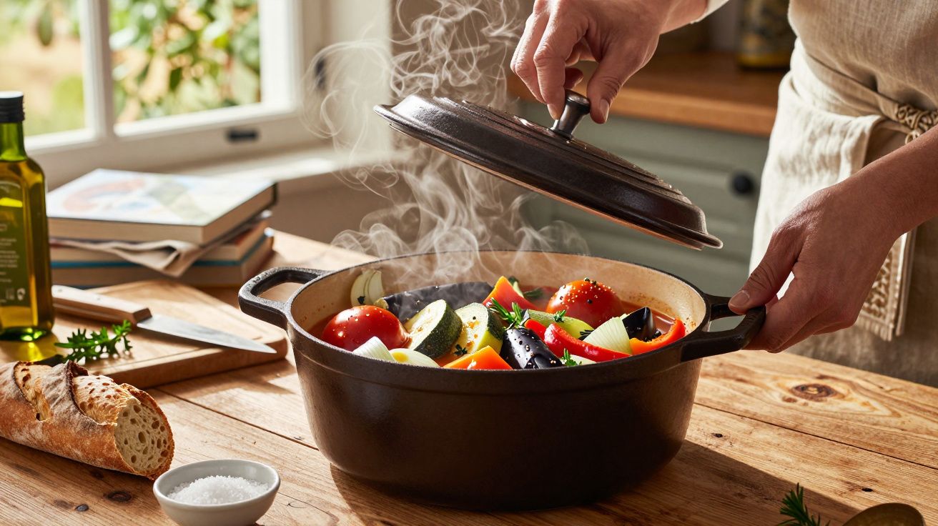 Oală cu aburi cu legume proaspete, pâine și sare pe un blat de lemn într-o bucătărie luminoasă.