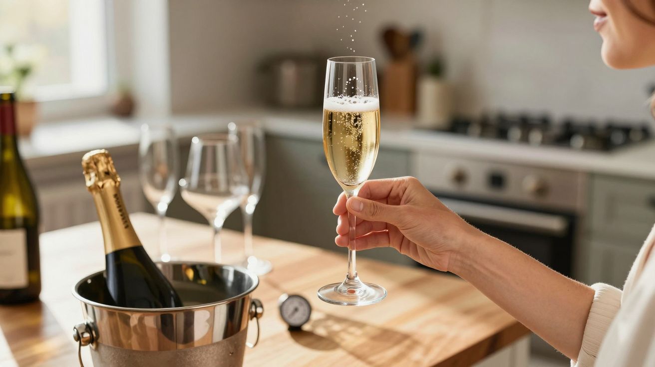 Persoană ținând un pahar de șampanie spumoasă într-o bucătărie modernă, cu sticlă în congelator.