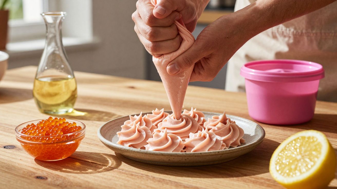 Mână decorează aperitive cu cremă roz pe farfurie, pe masă găleată roz, lămâie și icre portocalii.