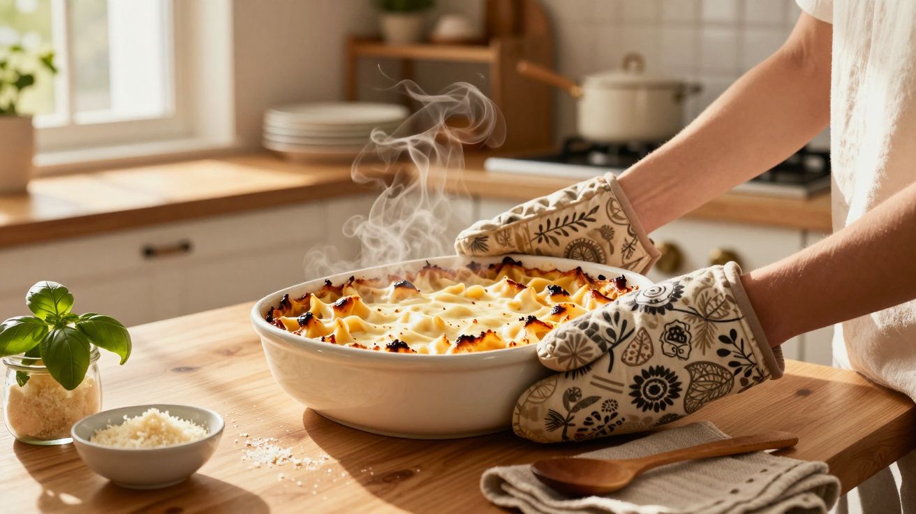Persoană scoate din cuptor o tavă cu preparat fierbinte aburind, pe o masă de lemn într-o bucătărie luminoasă.