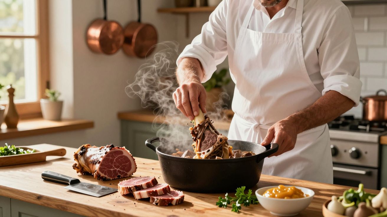 Bucătar care gătește și pune carne într-o oală cu aburi în bucătăria modernă.