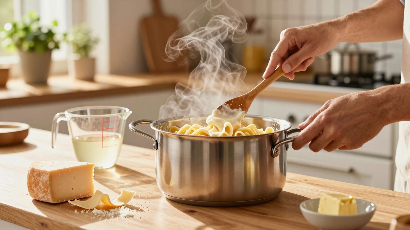 Mâini gătind paste fierte aburinde într-o oală de inox pe masa de bucătărie luminoasă.