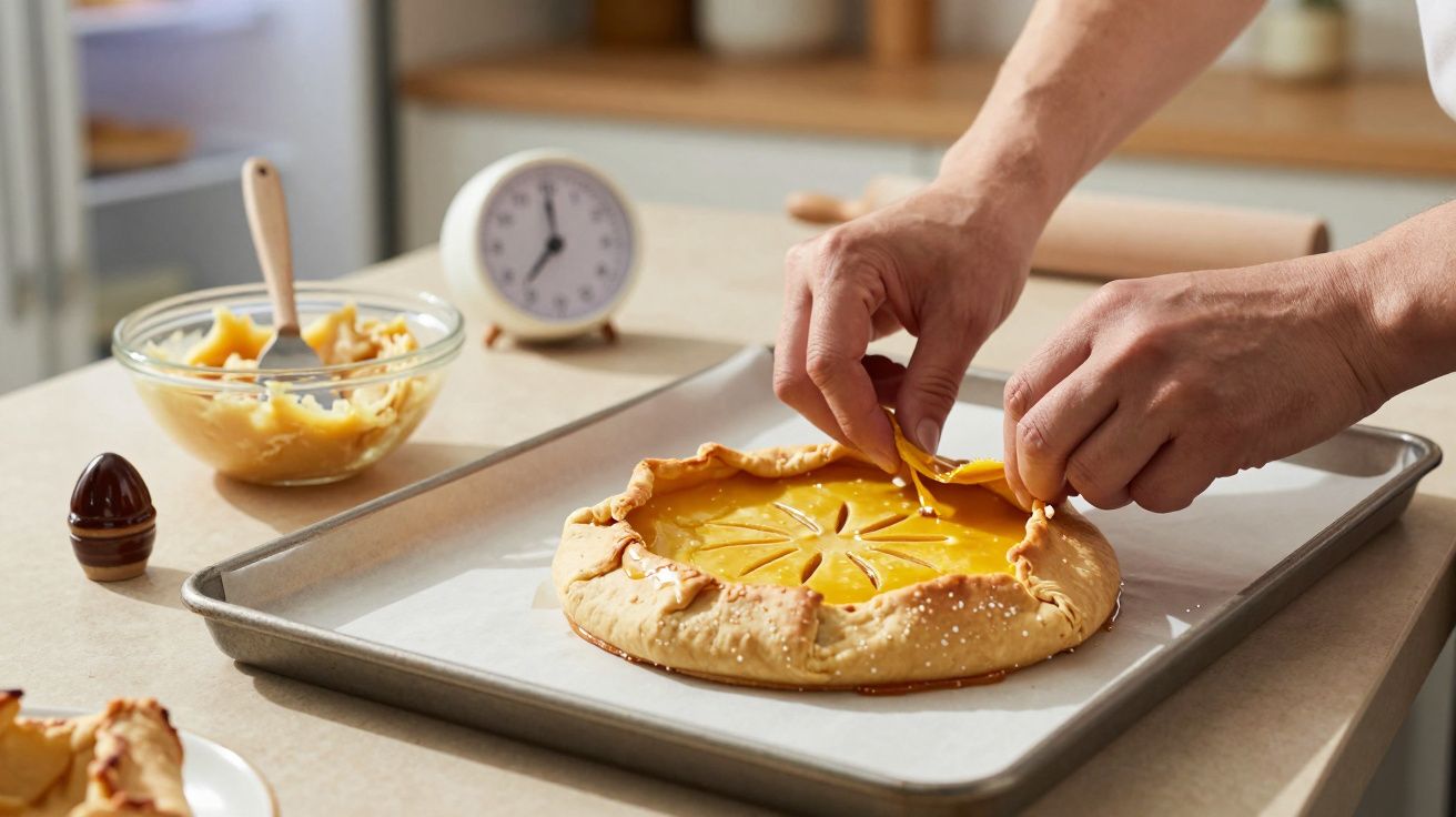 Mâini care pregătesc o tartă cu fructe pe tavă de copt într-o bucătărie luminoasă.
