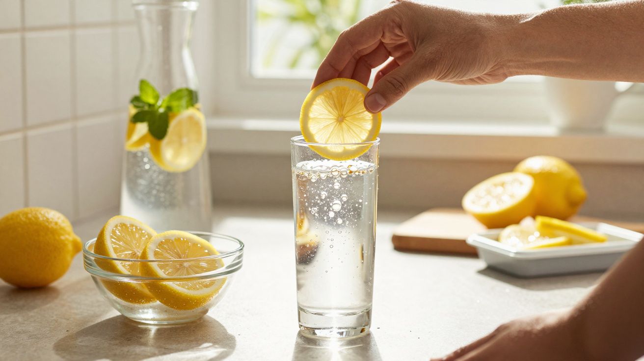 Mână adăugând o felie de lămâie într-un pahar cu apă minerală și felii de lămâie pe masă.