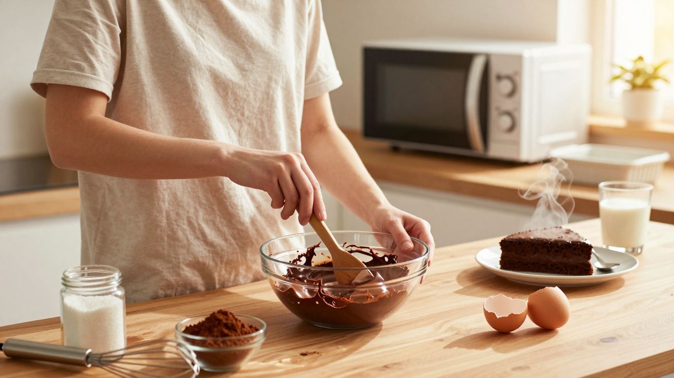 Persoană amestecând aluat de ciocolată într-un bol de sticlă în bucătărie, cu ingrediente și o felie de tort în fundal.