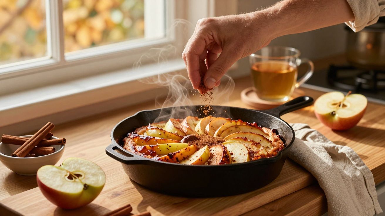 O mână presară scorțișoară pe plăcintă cu mere aburindă în tigaie de fontă pe blat de lemn lângă măr și ceai.