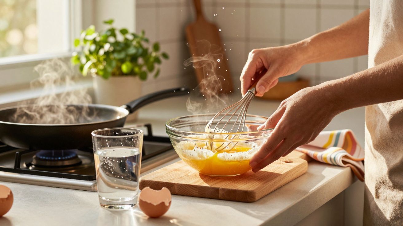 Mâini care bat ouă într-un bol de sticlă, în bucătărie, cu o tigaie și un pahar cu apă în fundal.