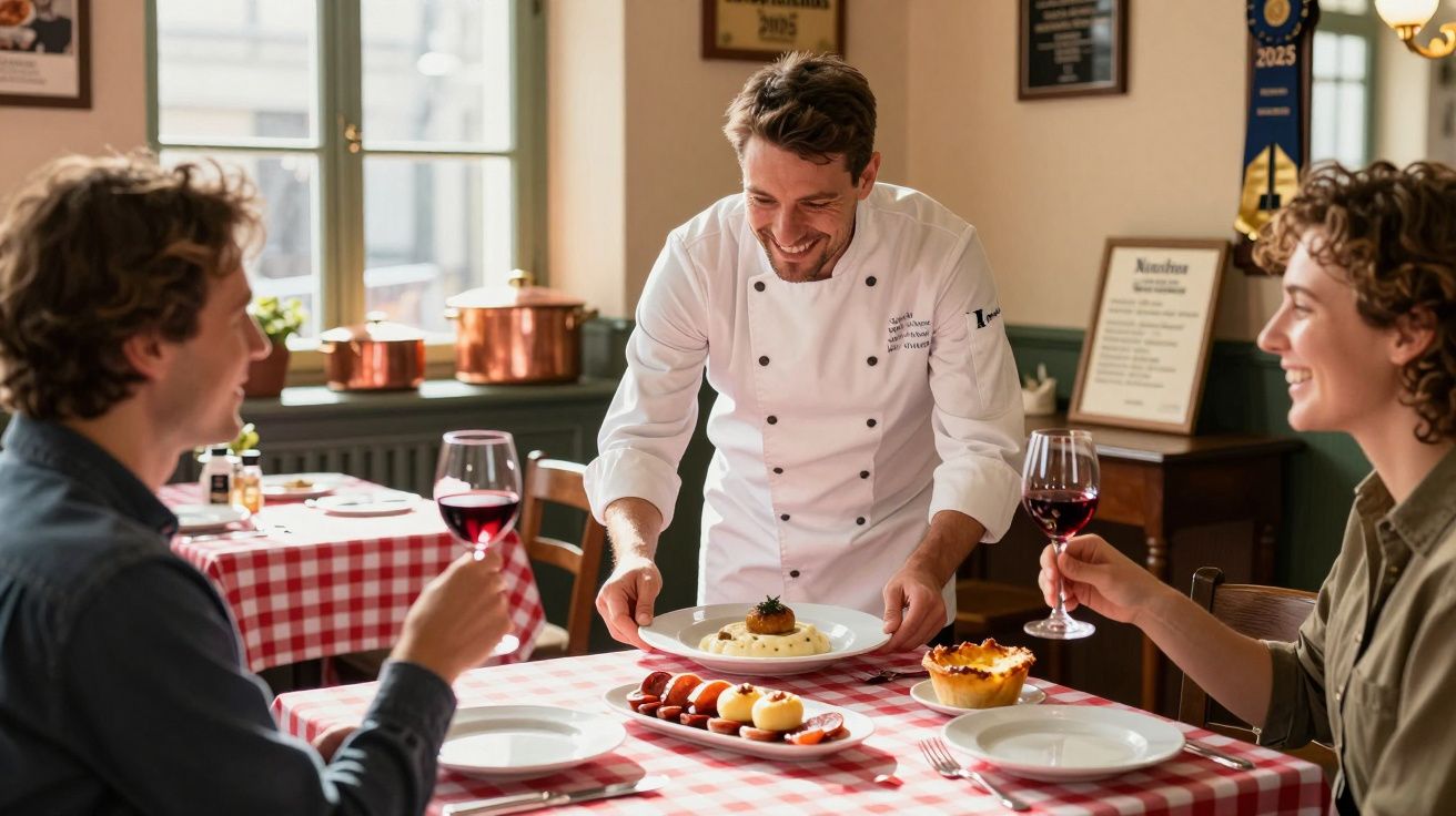Bucătar zâmbind servește un fel principal la o masă cuplului care bea vin roșu într-un restaurant călduros.