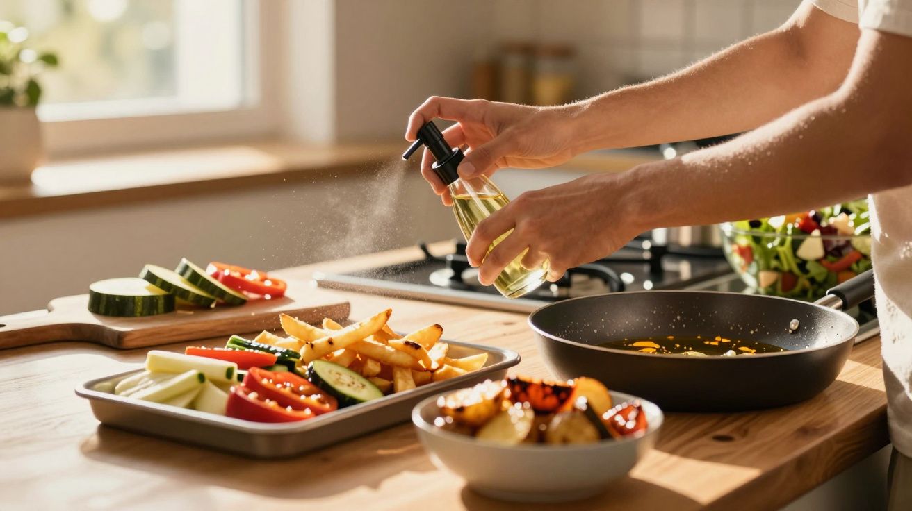 Persoană pulverizând ulei pe legume tăiate și cartofi prăjiți pe o masă de bucătărie luminată natural