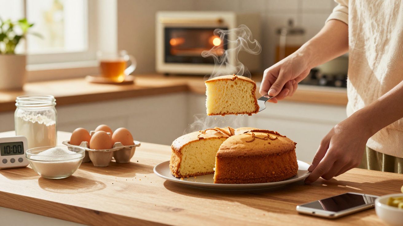 Mana unei persoane ridică o felie aburindă de prăjitură pufoasă de pe o farfurie în bucătărie luminoasă.