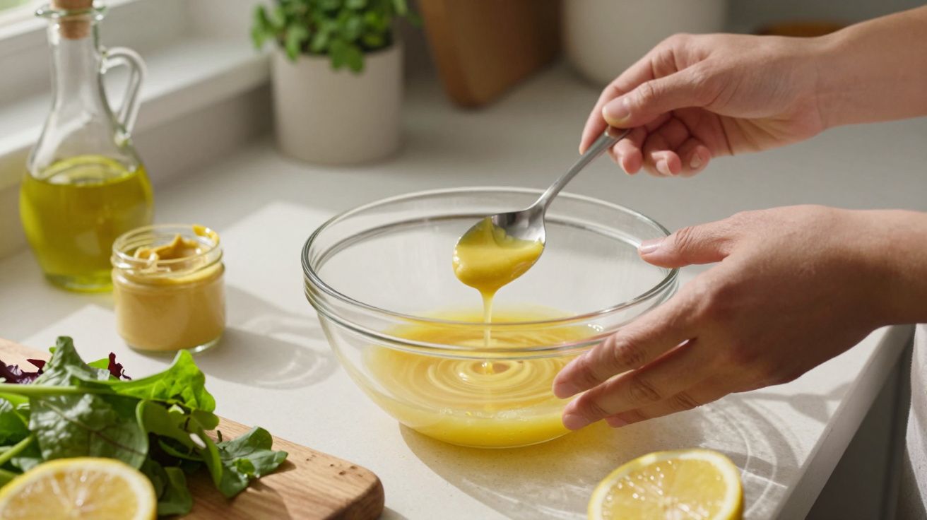 Mâini pregătind dressing de muștar într-un bol de sticlă, cu lămâie și ulei pe masa de bucătărie.