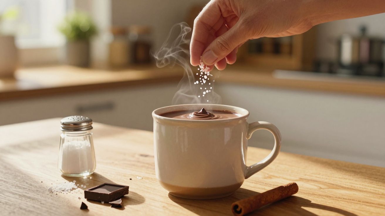 Mână presărând zahăr în ceașcă cu ciocolată caldă aburind, pe masă cu scorțișoară și ciocolată.