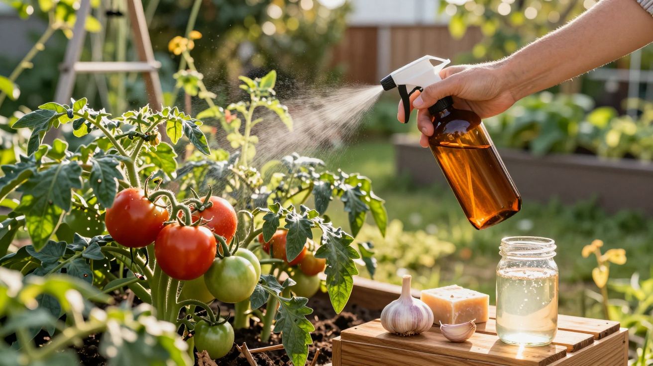 O mână pulverizează soluție naturală pe plante de roșii în grădină, cu usturoi și borcan vizibile.
