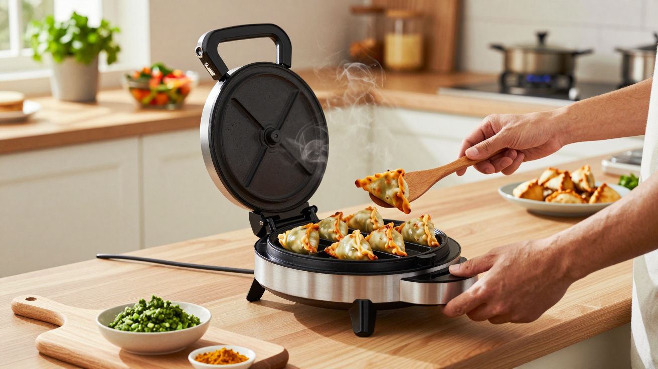 Persoană scoate colțunași fierbinți dintr-un aparat electric de gătit, pe o masă de lemn în bucătărie.