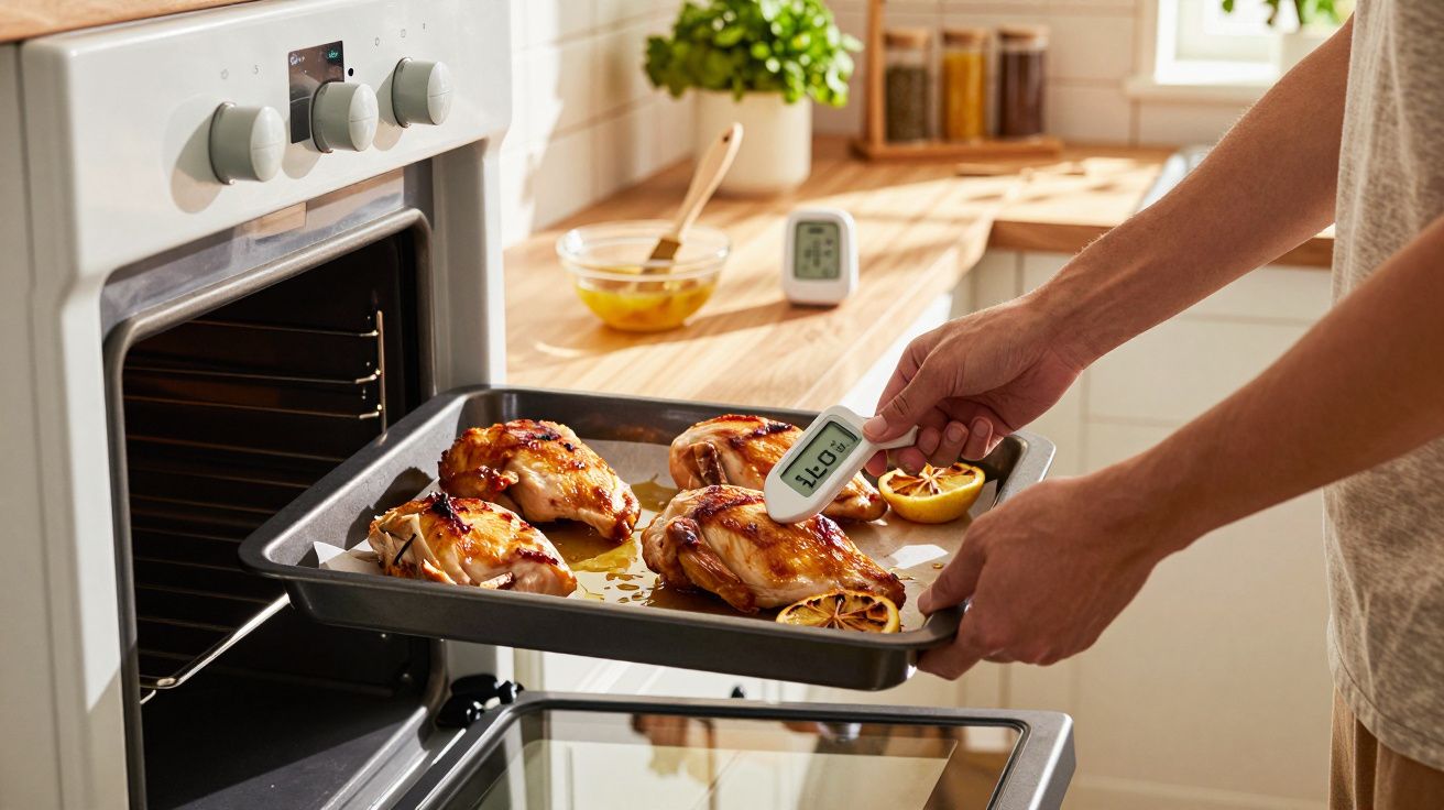 Persoană scoate din cuptor un tăvăș cu pui fript și verifică temperatura cu un termometru digital.