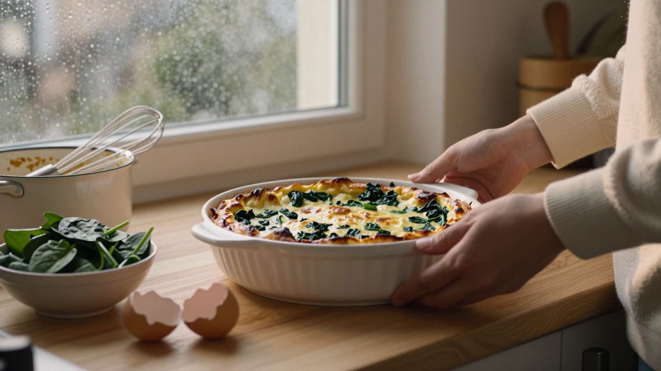 Persoană pune o tavă cu plăcintă cu spanac și brânză pe un blat de bucătărie lângă ouă și verdeață proaspătă.