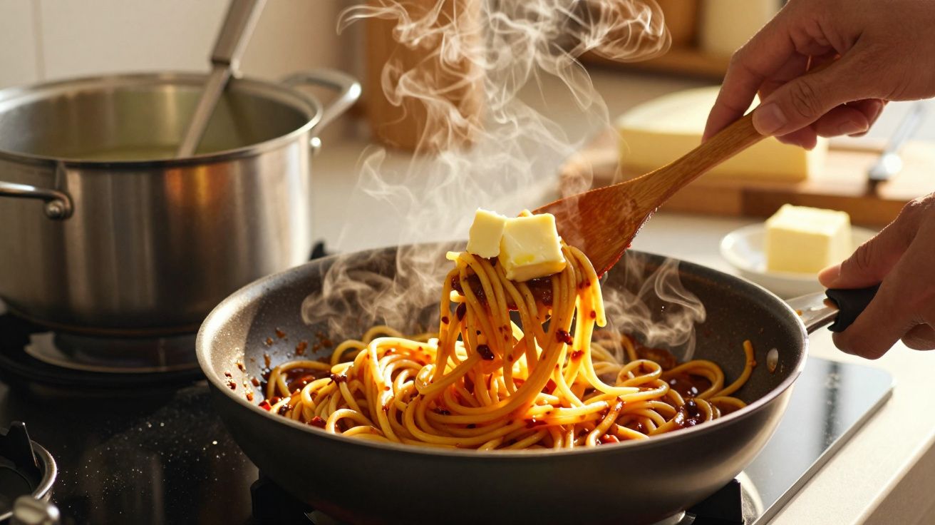 Paste fierbinți în tigaie, amestecate cu unt, pe aragaz într-o bucătărie luminoasă.