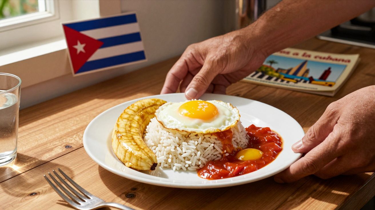 Farfurie cu orez, banană prăjită, ou ochi și sos roșu, pe o masă de lemn lângă un pahar cu apă și steag cubanez.