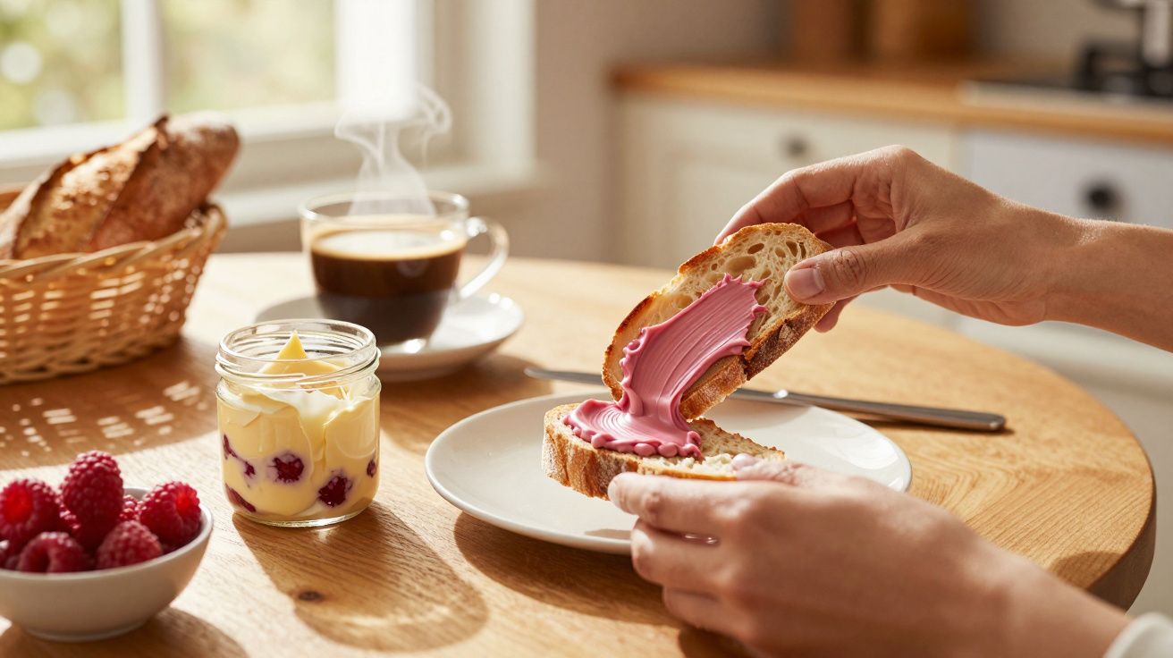 Mâini pun unt roz pe o felie de pâine albă, pe masa cu cafea aburindă și fructe de zmeură.