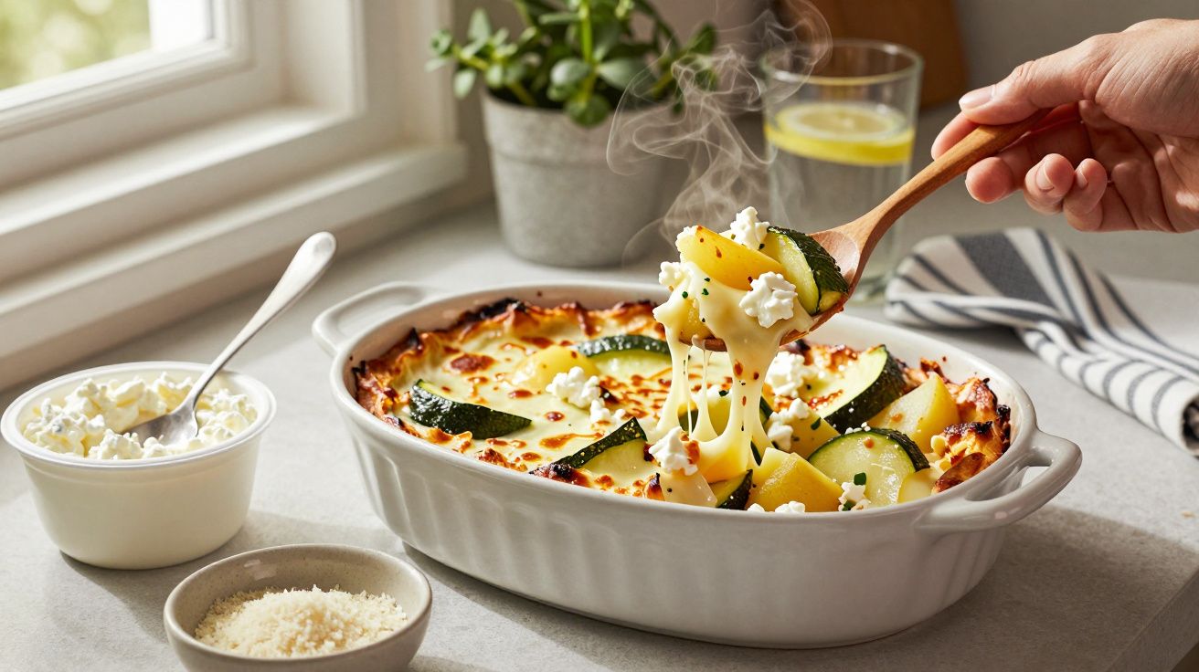 Mâncare caldă cu brânză topită, dovlecei și cartofi serviți în vas ceramic alb lângă ferestre.