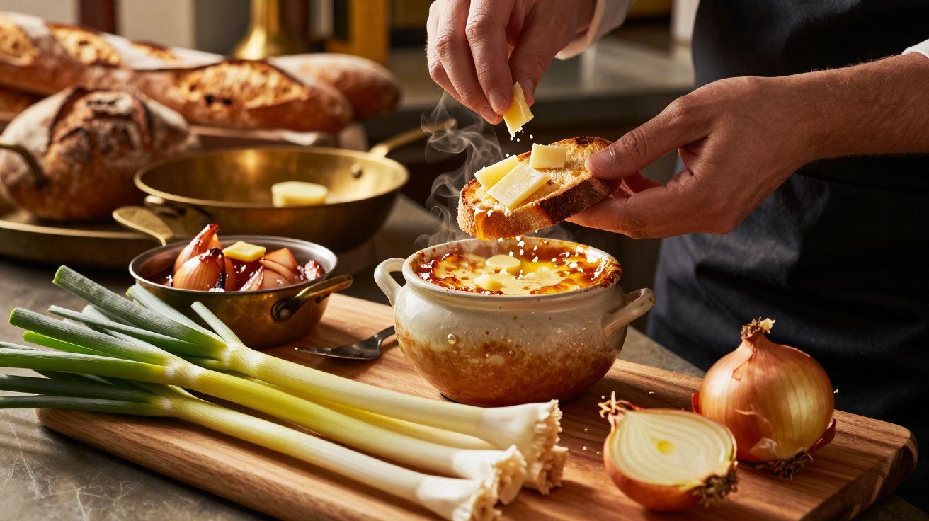 O mână presară brânză pe o felie de pâine cu supă fierbinte de ceapă, alături de ceapă și pâine proaspătă.