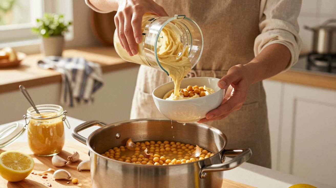 Persoană toarnă cremă de hummus într-un bol cu năut, în bucătărie luminoasă.