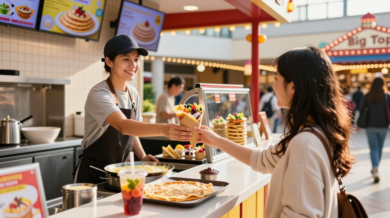 Vânzătoare zâmbitoare oferind un desert cu fructe clientei într-un magazin luminos cu clienți în fundal.