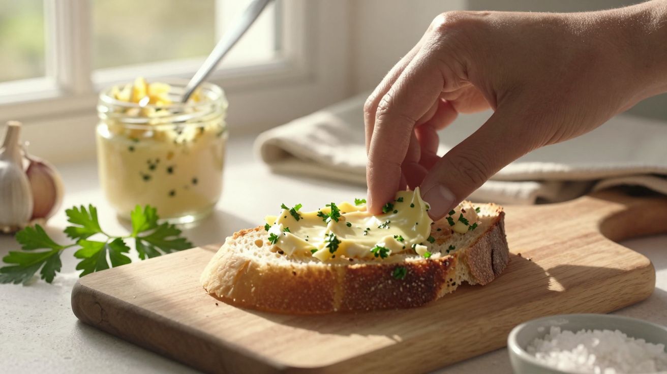 Felie de pâine cu unt și verdețuri proaspete, pregătită manual pe o planșetă de lemn lângă fereastră.