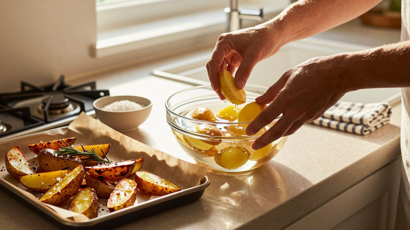 Mâini decojind cartofi galbeni într-un bol de sticlă pe o masă din bucătărie, lângă o tavă cu cartofi copți.