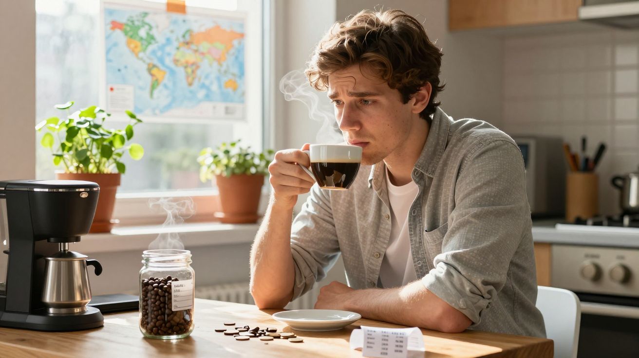 Bărbat tânăr savurând o ceașcă de cafea fierbinte în bucătărie, lângă o mașină de cafea și boabe de cafea.